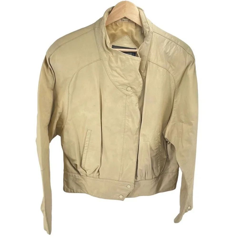 Vintage Tarazzia Womens Leather Jacket Moto Full Zip Crop Cream Beige Large